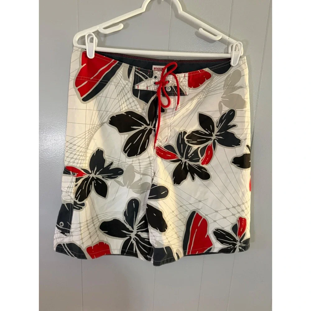 Mossimo Board Shorts Mens 36 White Red Black Hibiscus Floral Surf‎ Swim Trunks